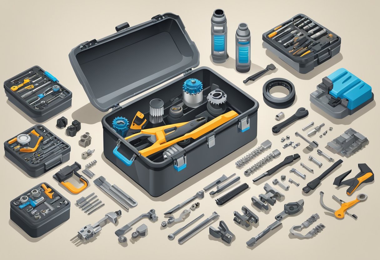 A mechanic holds a toolbox open, with various replacement parts for UTV maintenance laid out neatly on a workbench