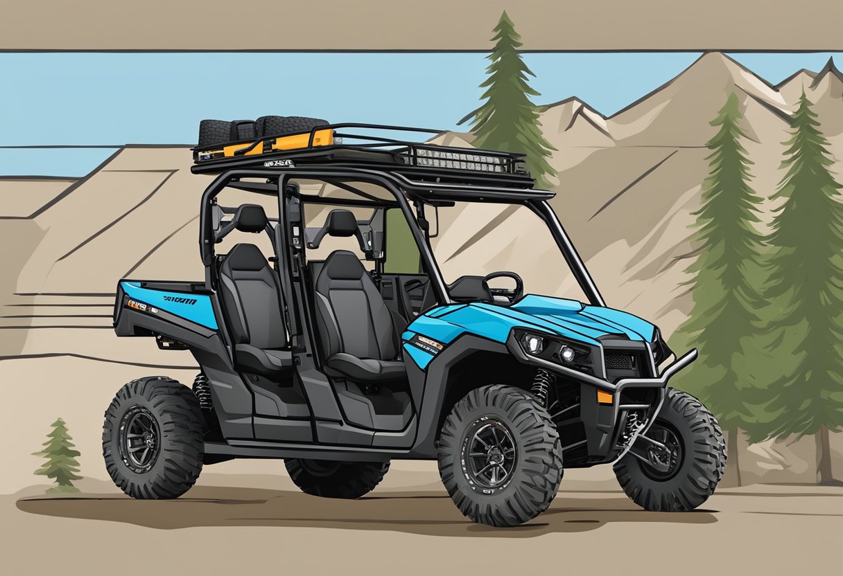 A UTV is being outfitted with custom accessories, including a roof rack, winch, and off-road tires