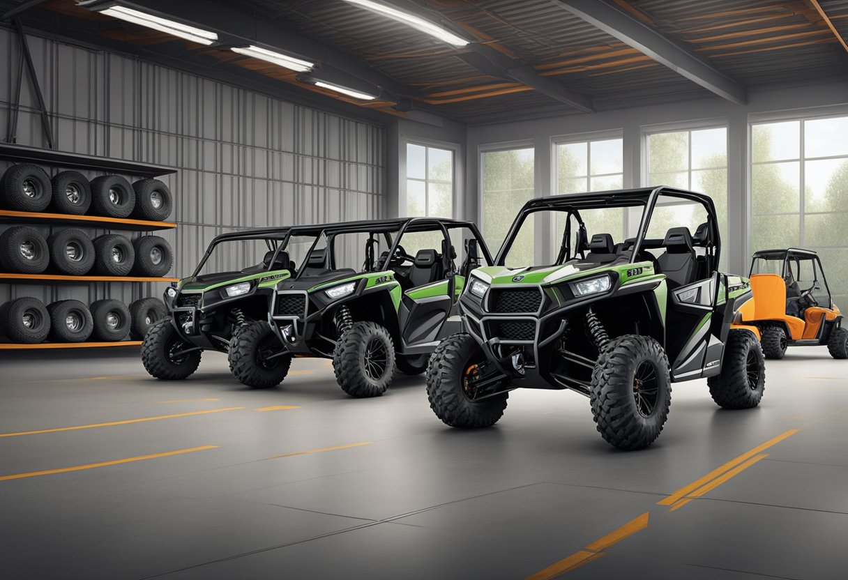 A set of wheels and tires for a UTV, neatly organized in a workshop setting