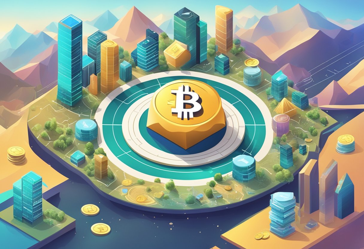 A digital landscape with various cryptocurrency symbols and charts, surrounded by financial institutions and markets