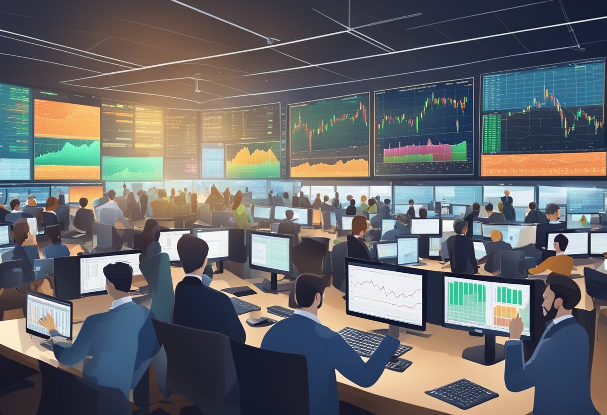 A bustling stock market with digital currency charts and graphs displayed on screens, while investors and traders engage in lively discussions and transactions