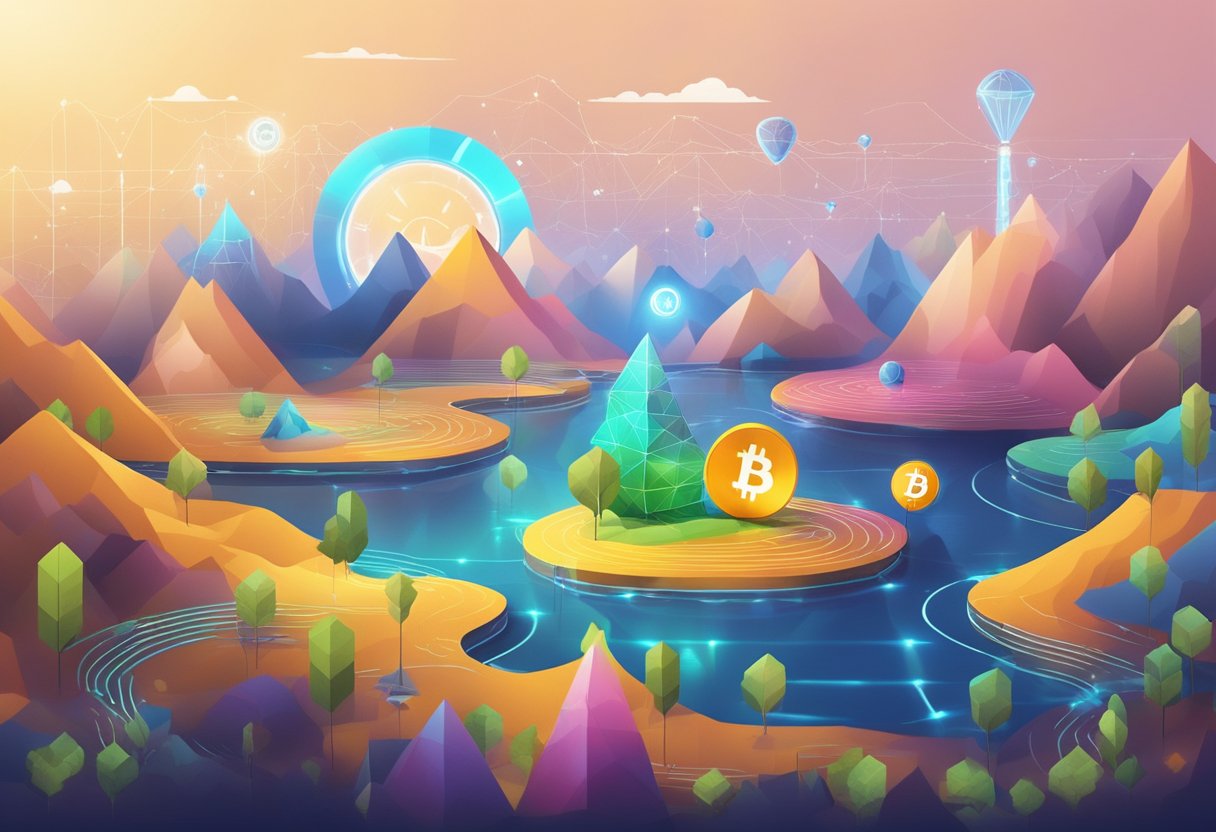 A digital landscape with cryptocurrency symbols and financial charts merging, symbolizing the integration and impact of cryptocurrencies on the financial market