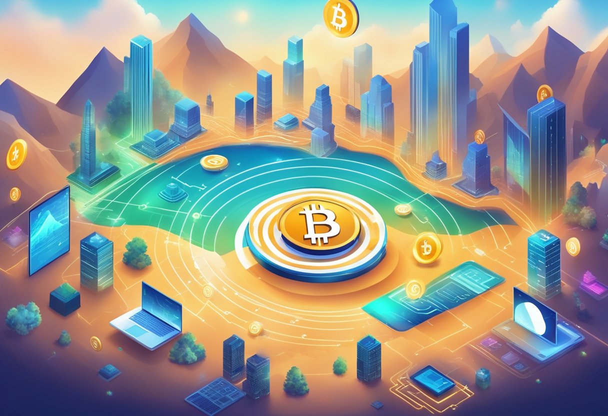 A digital landscape with cryptocurrency symbols emerging from a changing financial market, surrounded by technology and investment indicators