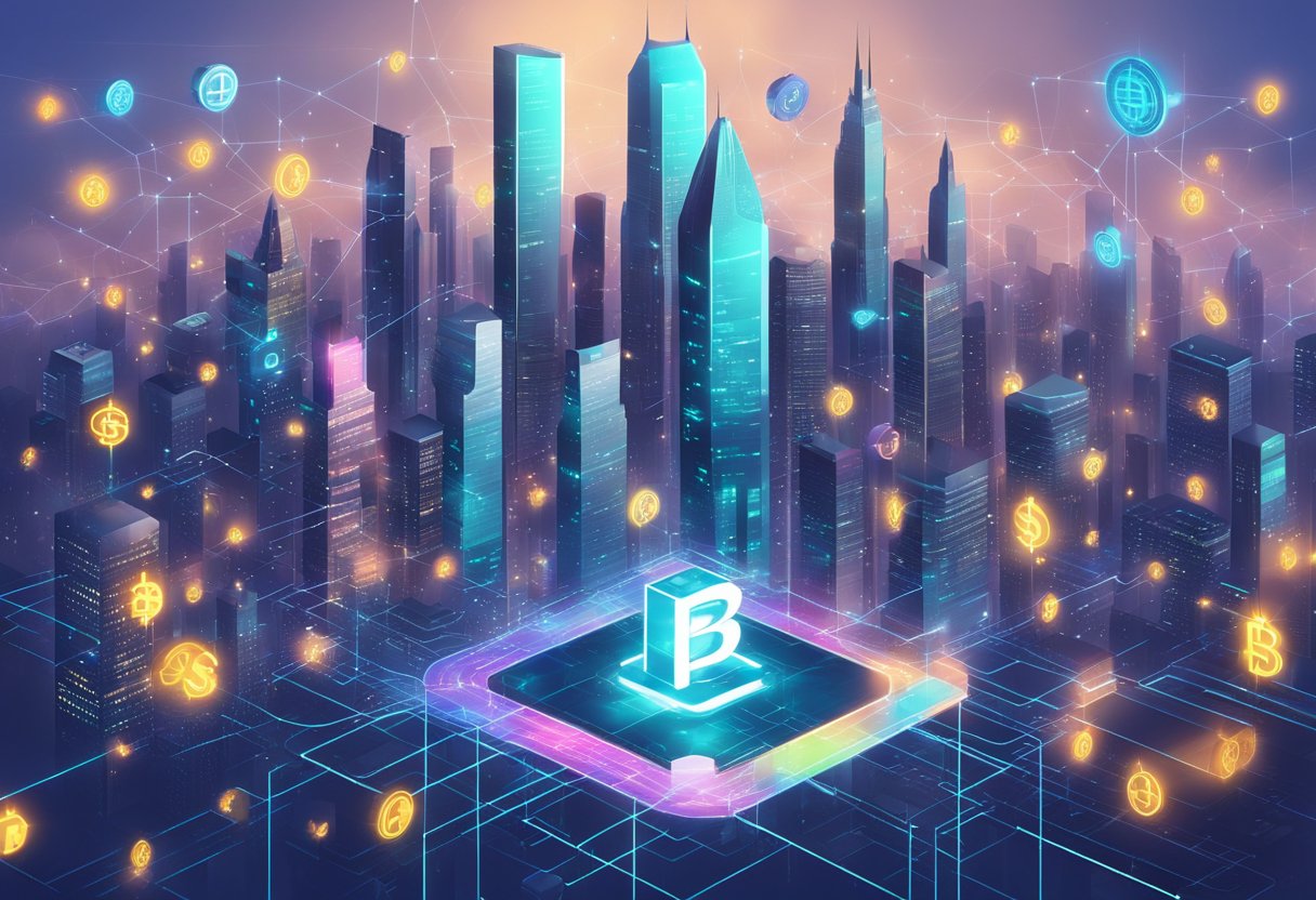 A futuristic city skyline with digital currency symbols floating above, surrounded by secure blockchain networks