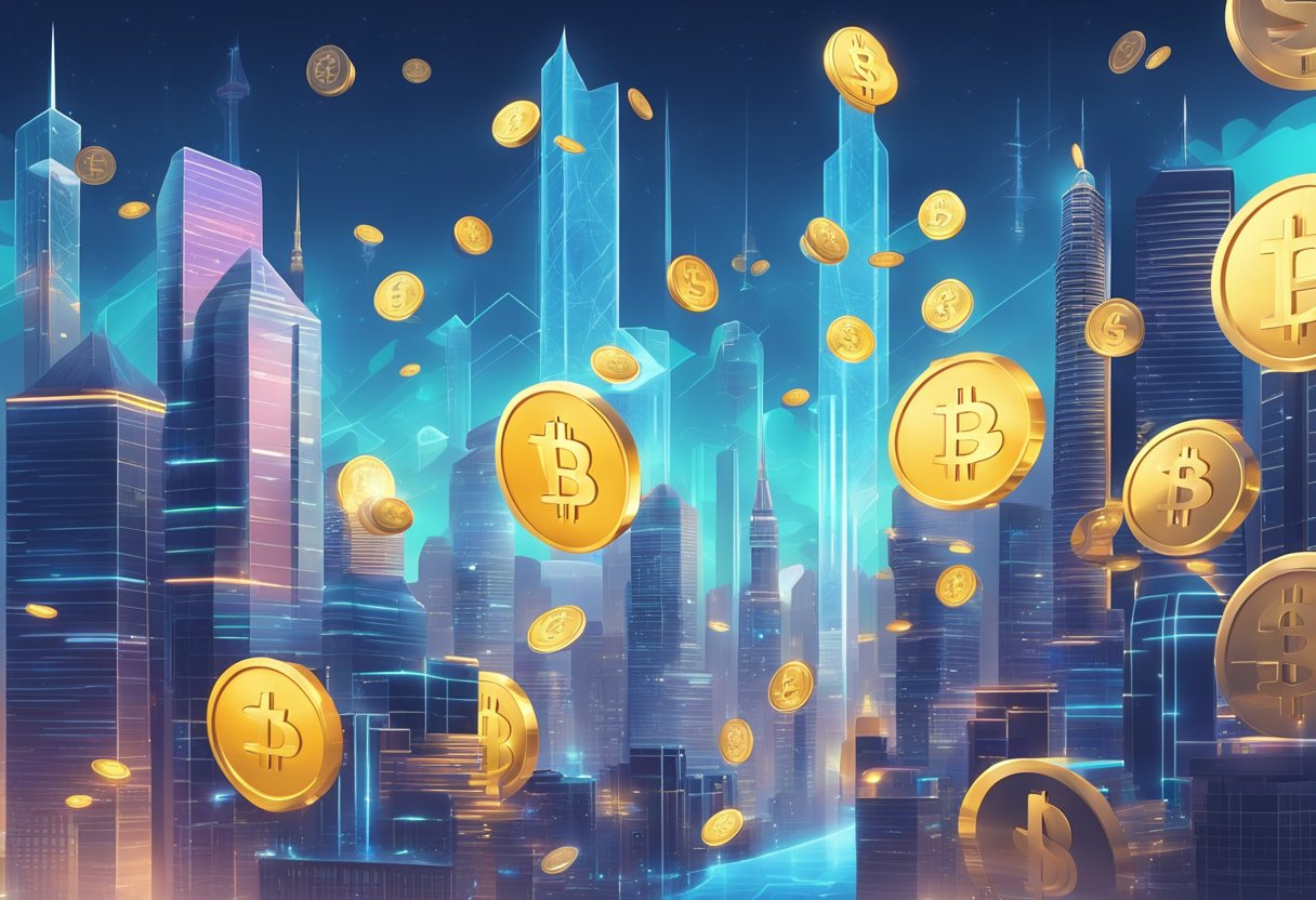 A futuristic city skyline with digital currency symbols floating in the air, intertwining with traditional financial buildings