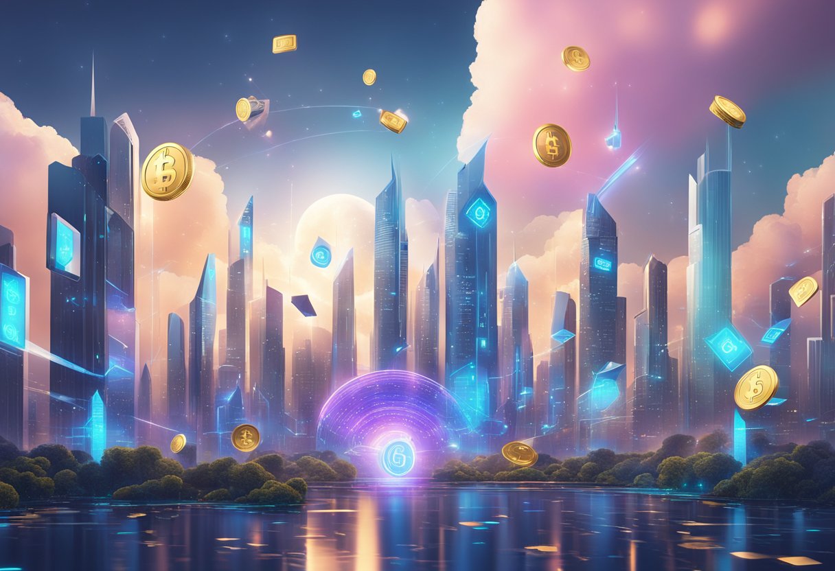 A futuristic cityscape with digital currency symbols floating in the air, surrounded by futuristic technology and buildings