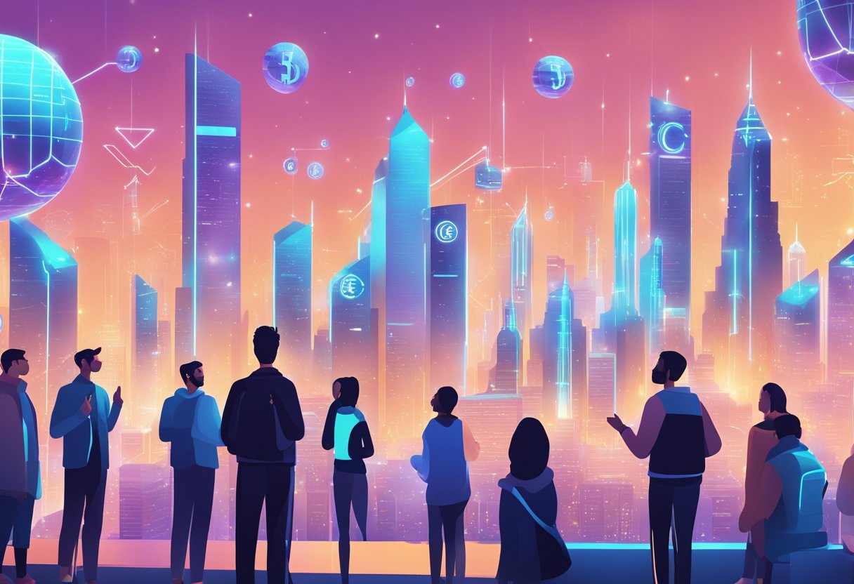 A futuristic city skyline with digital currency symbols floating in the air. A group of people discussing finance in the foreground