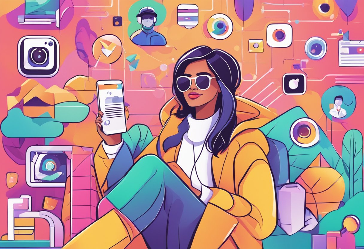 A colorful Instagram feed with AI influencer case studies and success stories, featuring vibrant graphics and engaging content