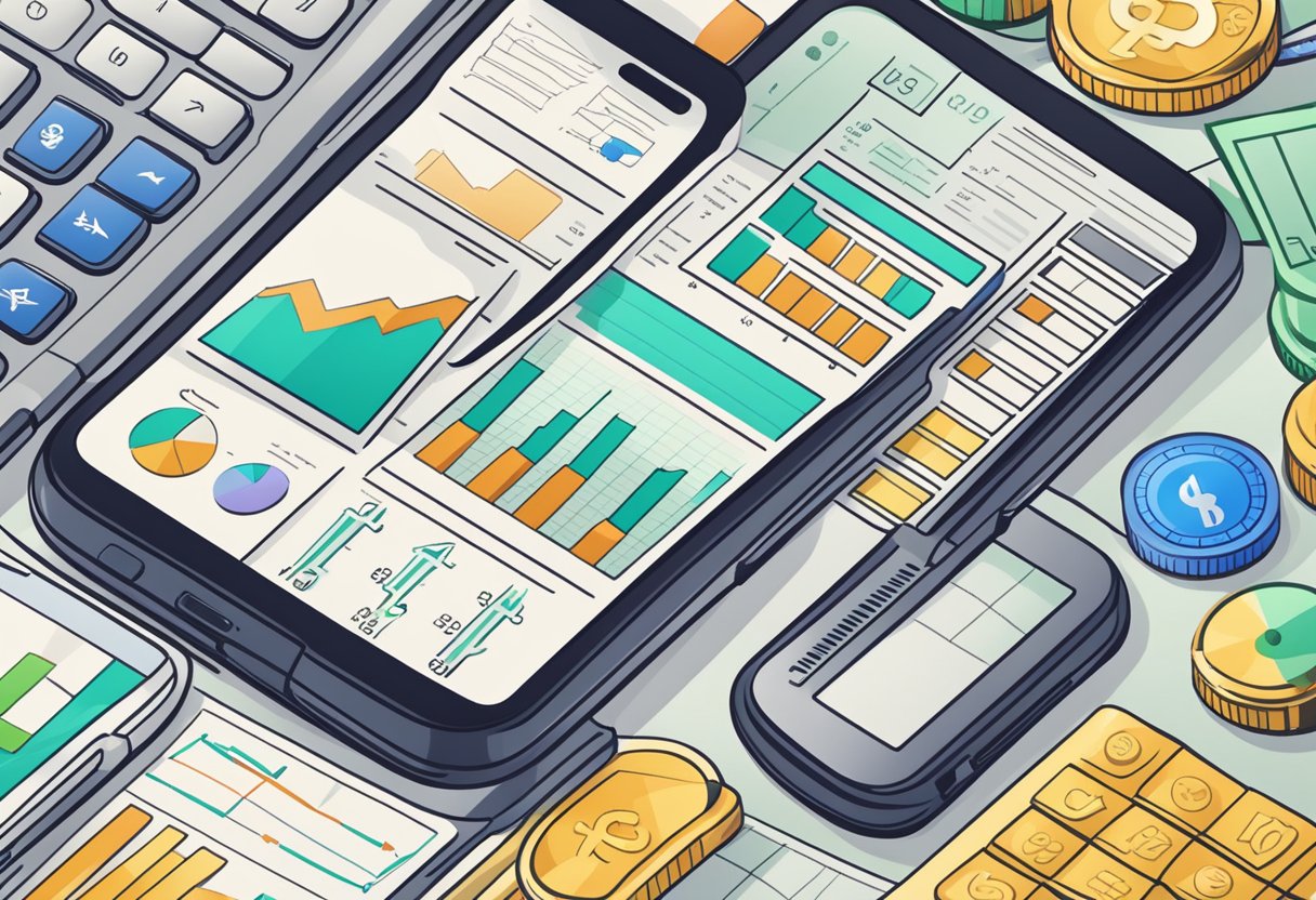 A smartphone displaying financial apps with charts and graphs, surrounded by a stack of money and a calculator