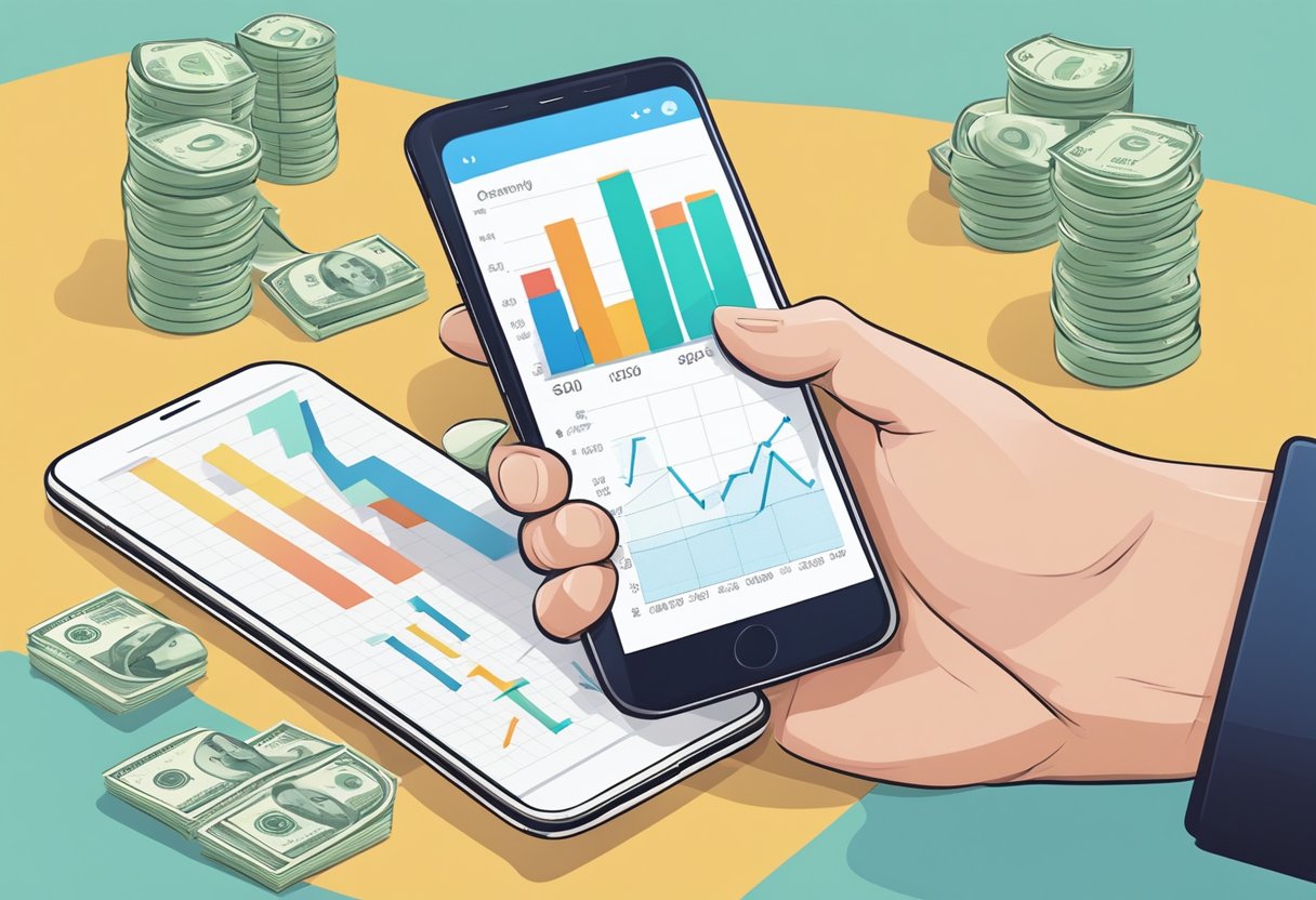 A hand holding a smartphone with a financial app open, graphs and charts showing growth and progress, a stack of money increasing in size in the background