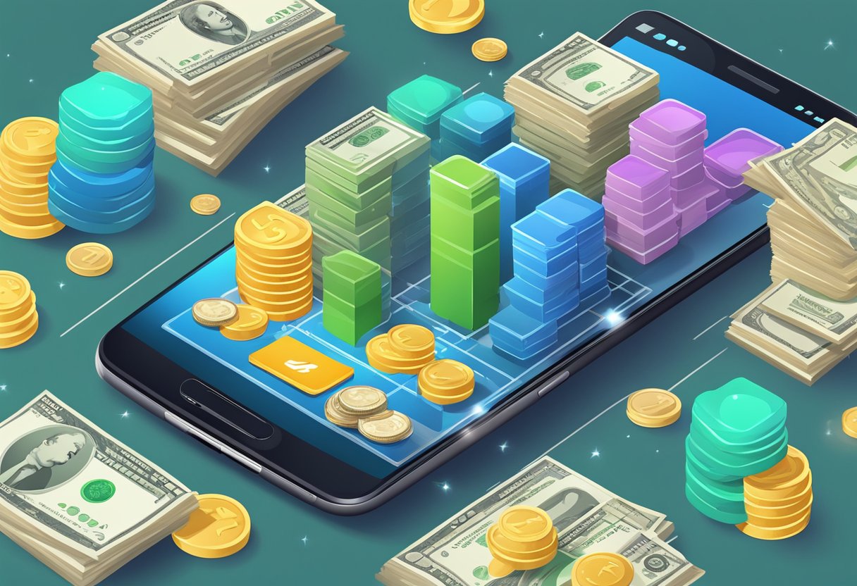 A smartphone with financial apps open, surrounded by stacks of money and investment charts