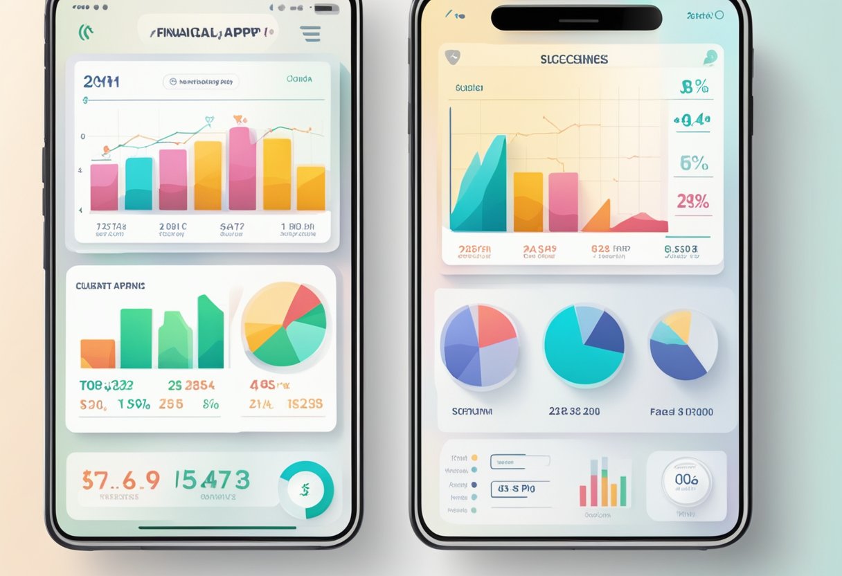 Three financial apps displayed on a smartphone screen with investment charts and graphs. Each app is labeled as a top choice for successful investing in 2024