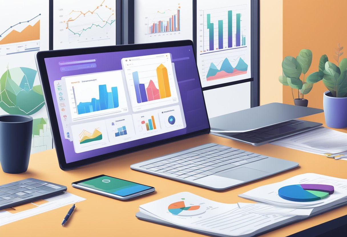 A desk with a laptop, smartphone, and notebook open to financial app pages, surrounded by charts and graphs on the wall