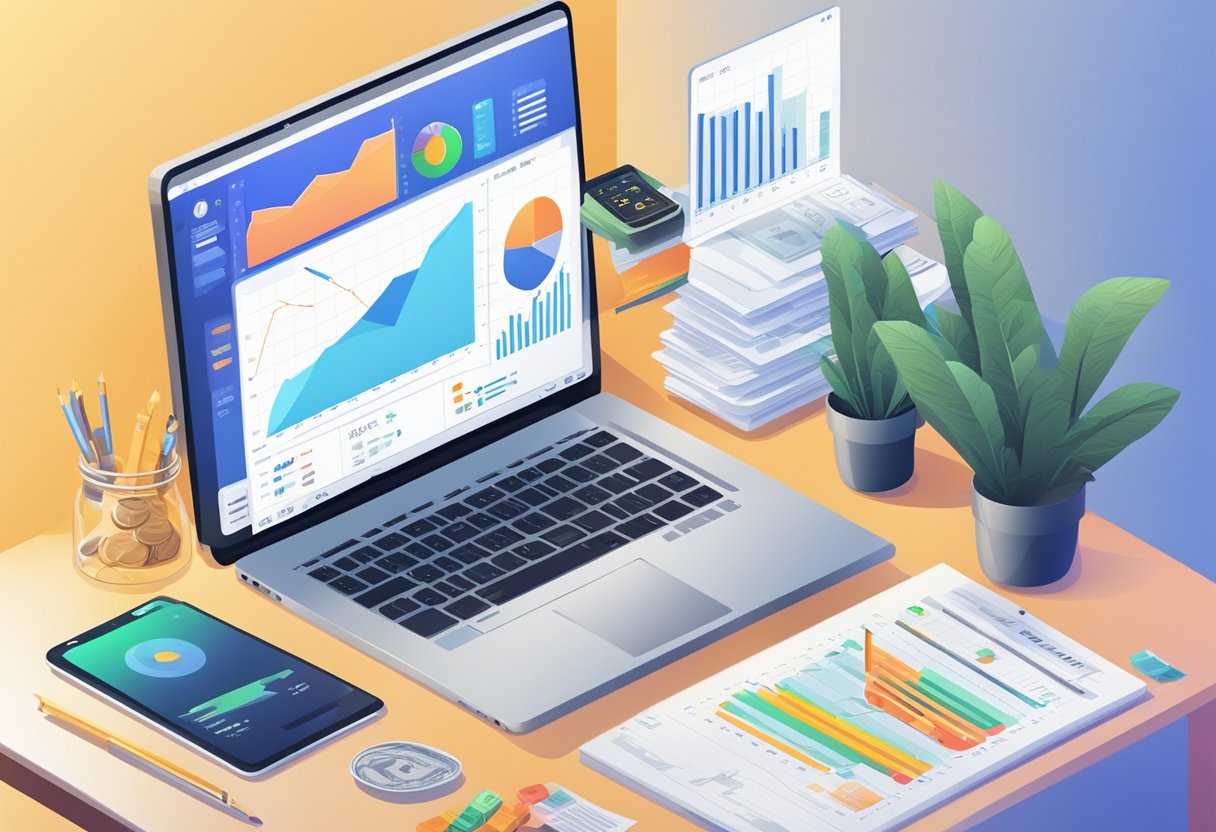 A desk with a laptop open to a financial app, surrounded by charts and graphs. A stack of money sits next to the laptop