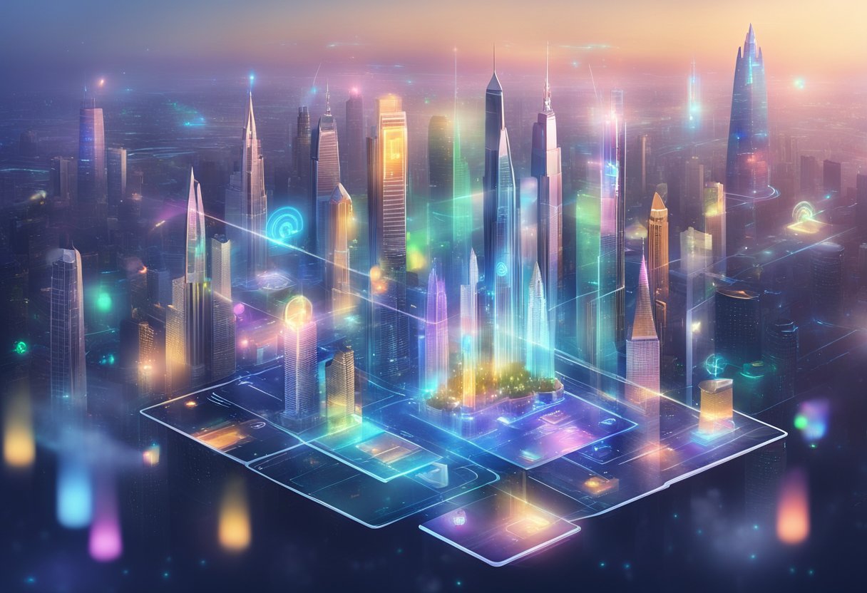 A futuristic city skyline with holographic financial apps projected in the air, showcasing futuristic technology and promising profits in 2024