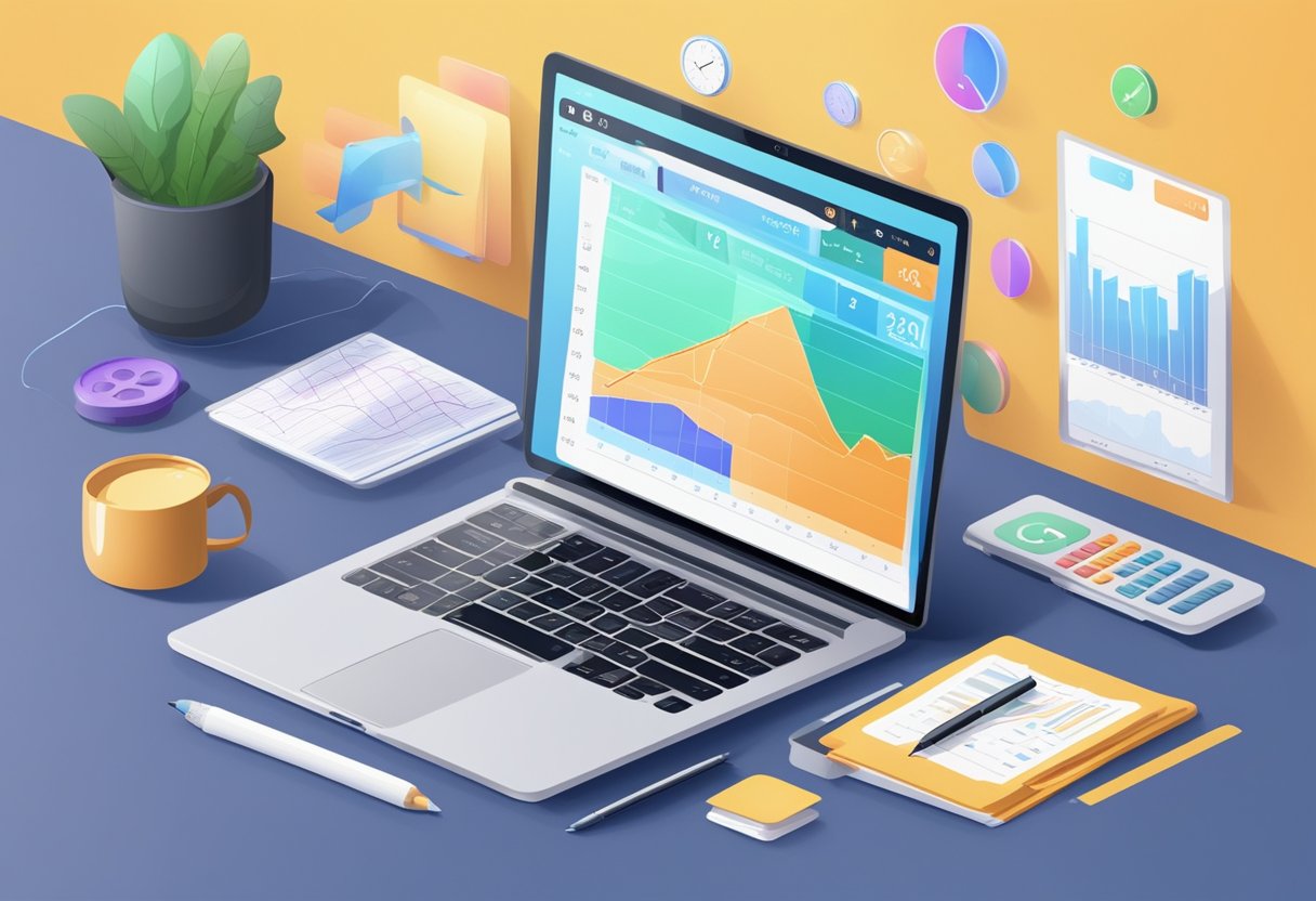 A desk with a laptop, calculator, and financial documents. A chart showing increasing profits in 2024. A person choosing the right financial app