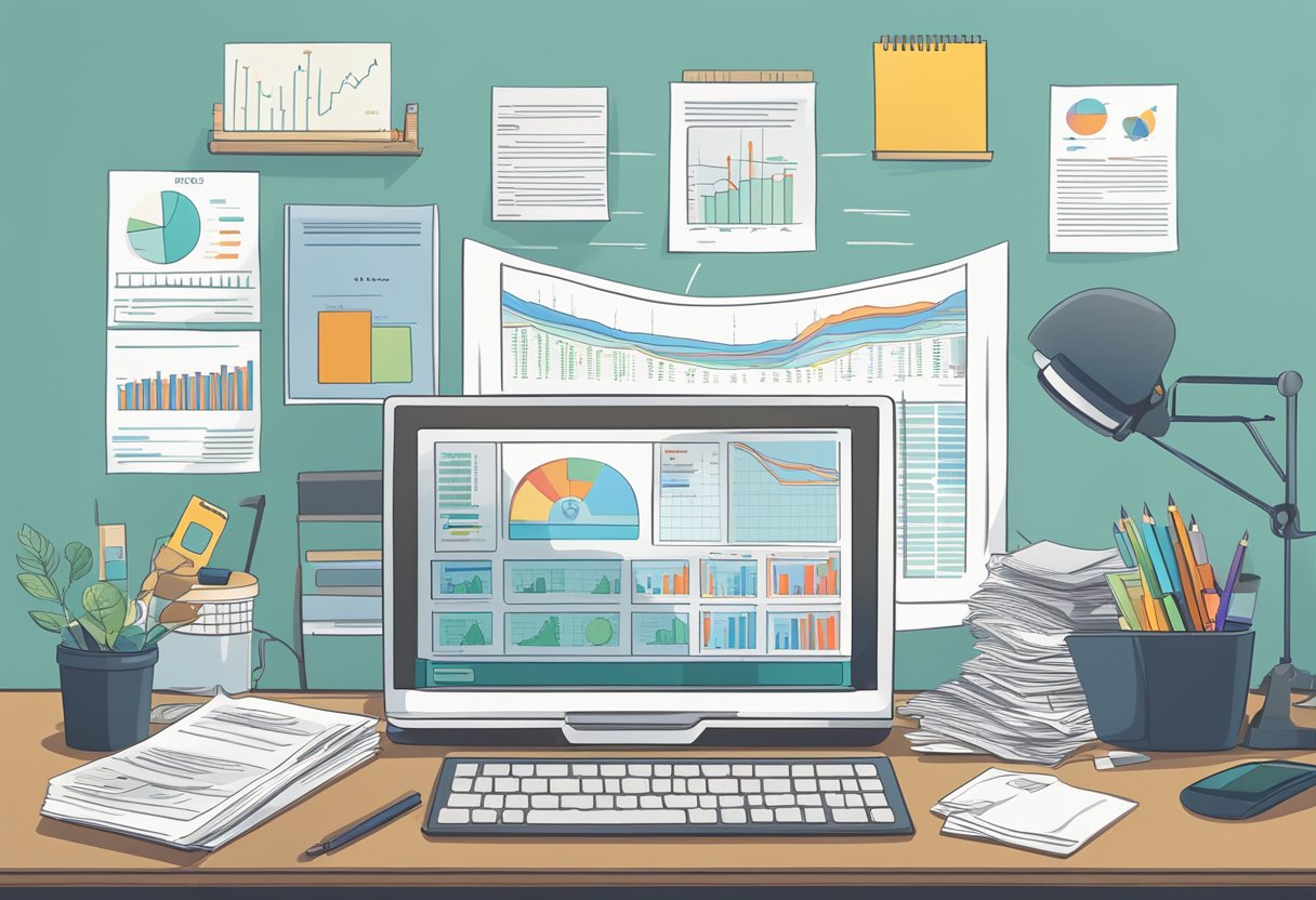 A cluttered desk with a laptop, calculator, and various financial documents. A chart showing increasing profits in the background