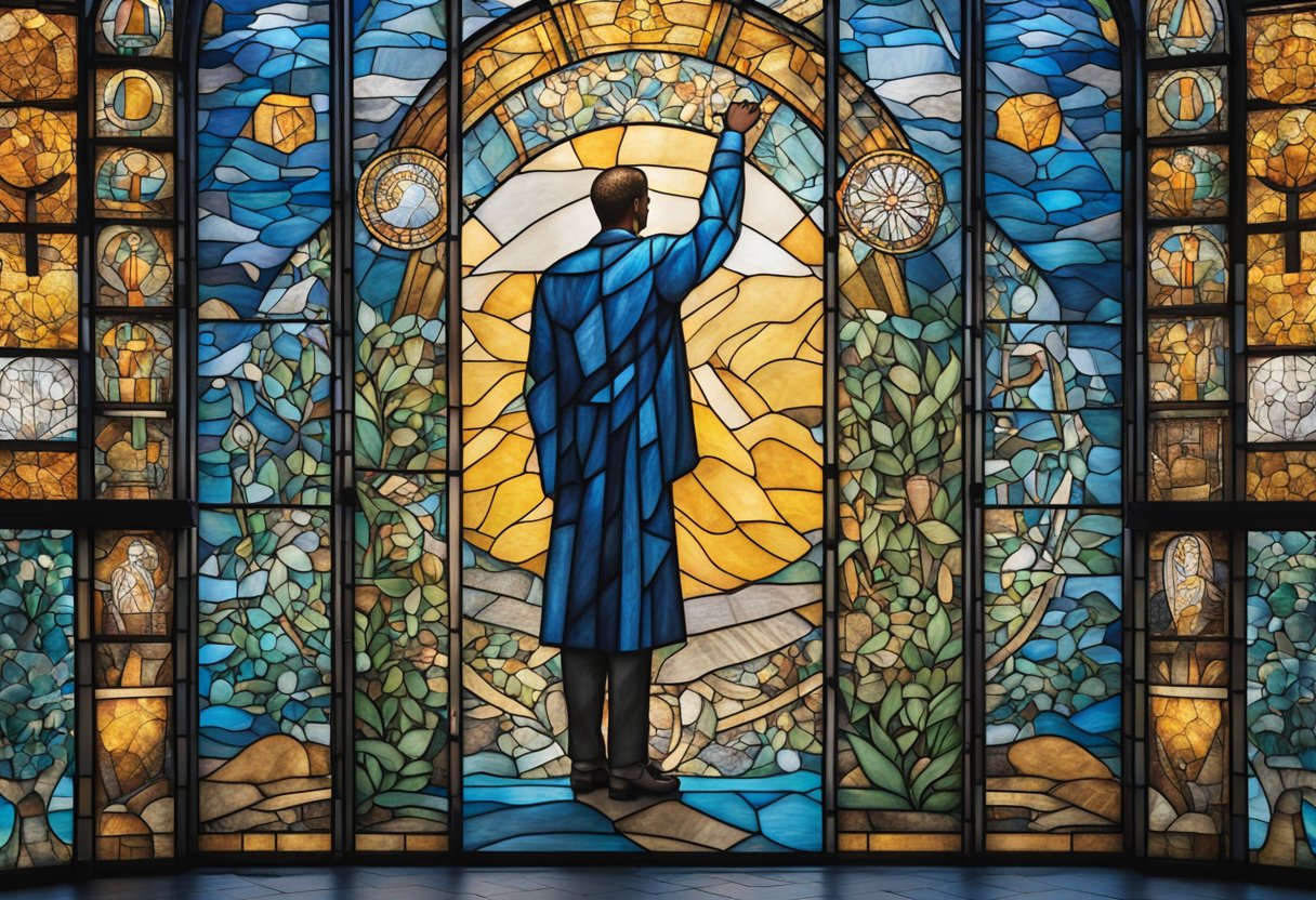 A man stands tall, surrounded by symbols of strength and resilience. He exudes confidence and determination, embodying the redefined self-sufficiency post-cancer treatment