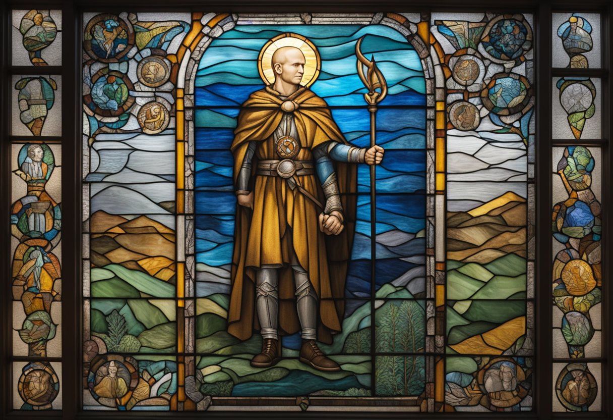 A male cancer warrior stands tall, surrounded by symbols of strength and resilience, embodying self-sufficiency post-treatment