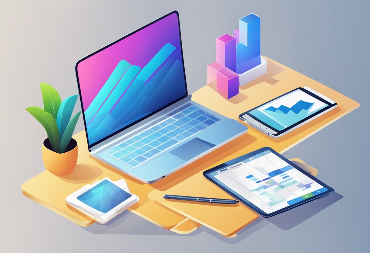 A table with a laptop, smartphone, and financial documents. A chart showing growth trends. Bright, modern setting with clean lines and technology