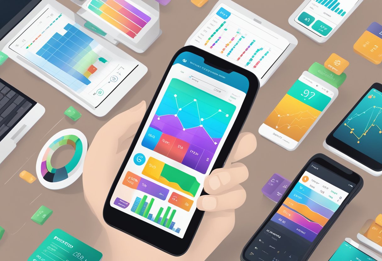 A smartphone displaying the top 5 finance apps of 2024, with graphs and charts showing significant growth and multiplication of money