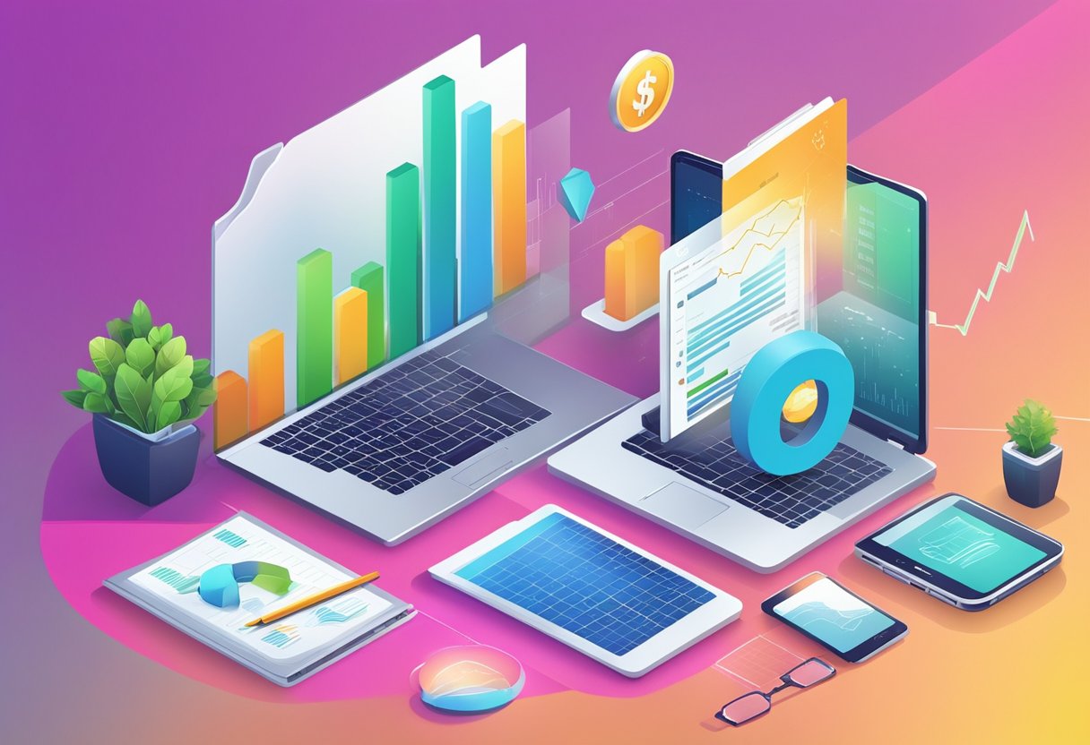 A desk with a laptop, smartphone, and financial documents. A graph showing growth and money multiplying. Bright and modern setting