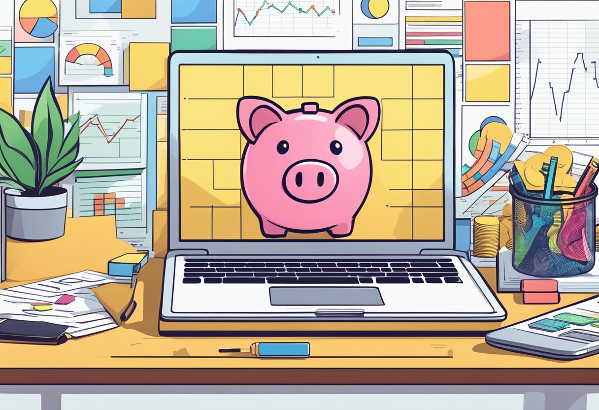 A desk with a laptop, calculator, and financial charts. A stack of money and a piggy bank on the side. Graphs showing growth and success