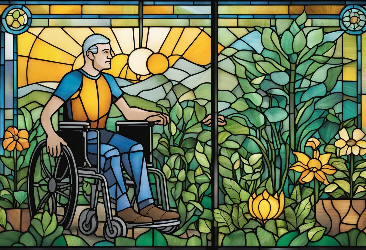 A male cancer warrior gardening in a sustainable, wheelchair-accessible garden, surrounded by eco-friendly, low-maintenance plants and solar-powered lights