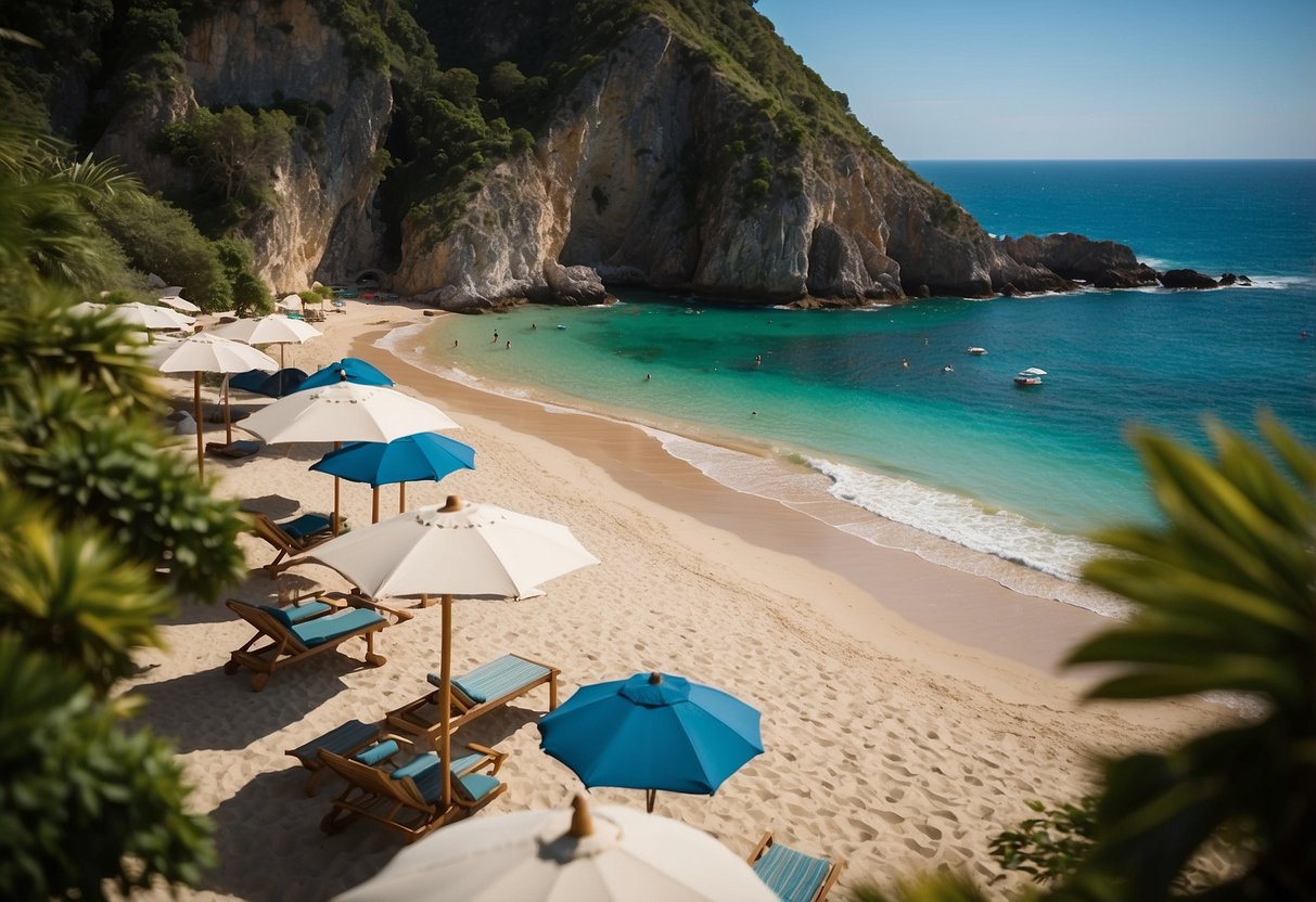 A sandy beach with clear blue water, surrounded by cliffs and lush greenery, with a few scattered beach umbrellas and lounge chairs