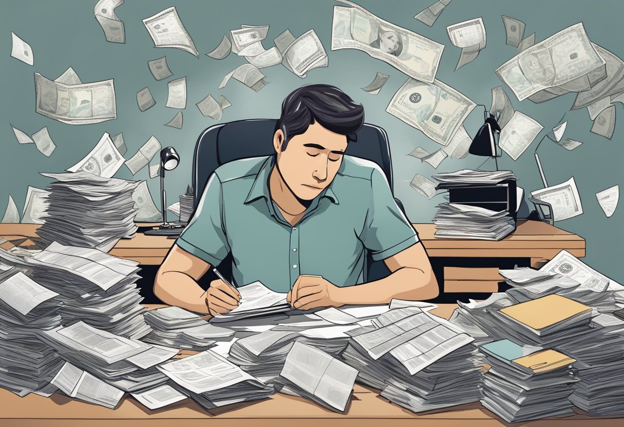 A person sitting at a cluttered desk, surrounded by bills and financial documents. They are looking stressed and overwhelmed as they try to figure out how to pay off their debts