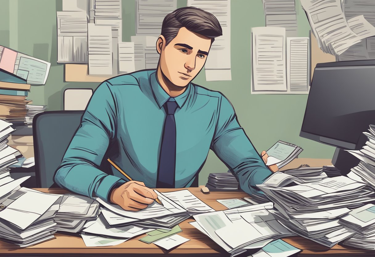 A person sitting at a desk, surrounded by bills and financial documents, looking determined and focused on finding solutions to get out of debt