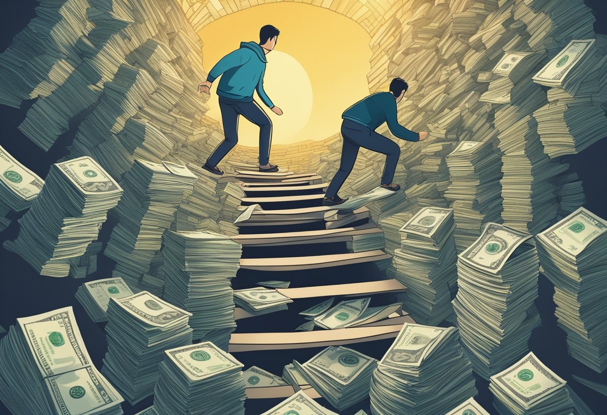 A person climbing out of a deep hole surrounded by stacks of bills and a ladder leading to financial stability