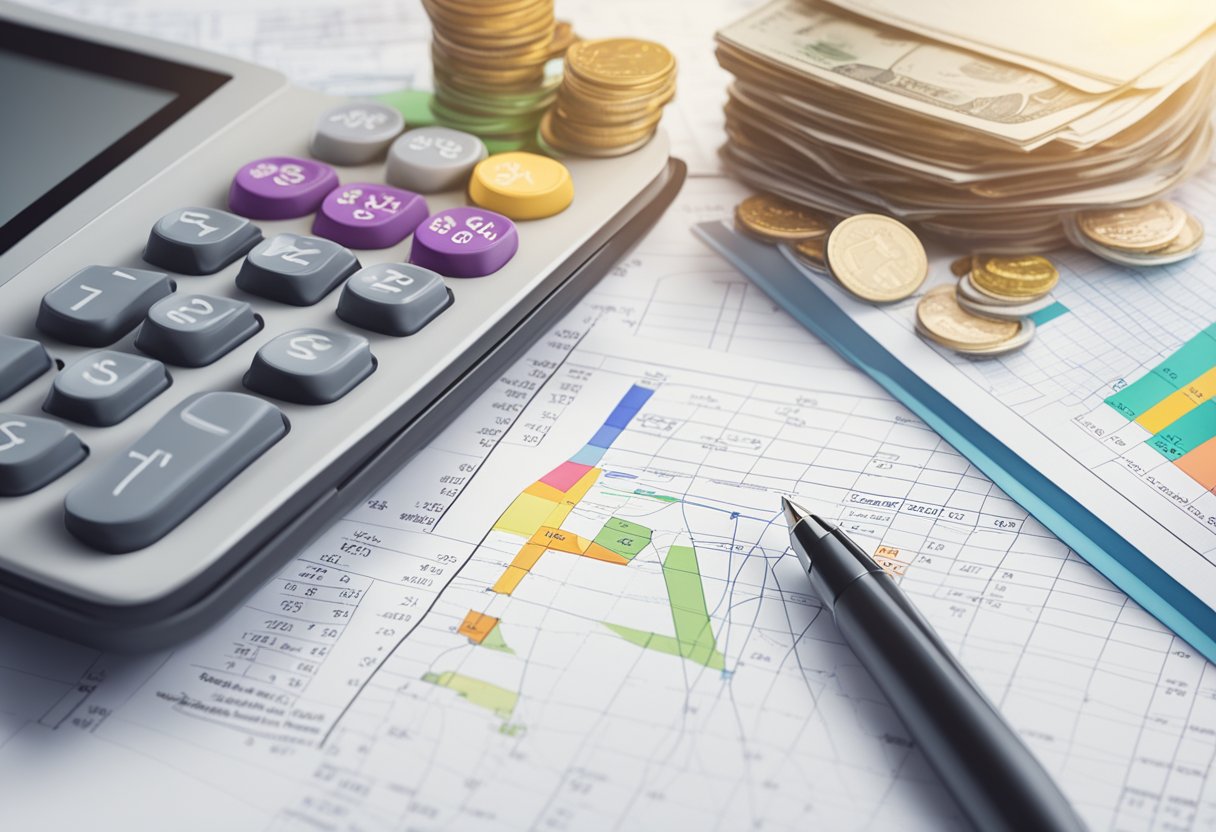 A table with a budget planner, calculator, and pen. A stack of bills and coins next to it. A chart showing income and expenses