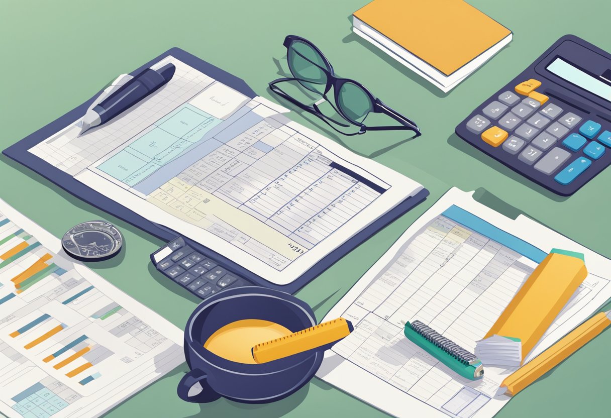 A simple household budgeting scene with a table, calculator, and bills to illustrate personal finance tips