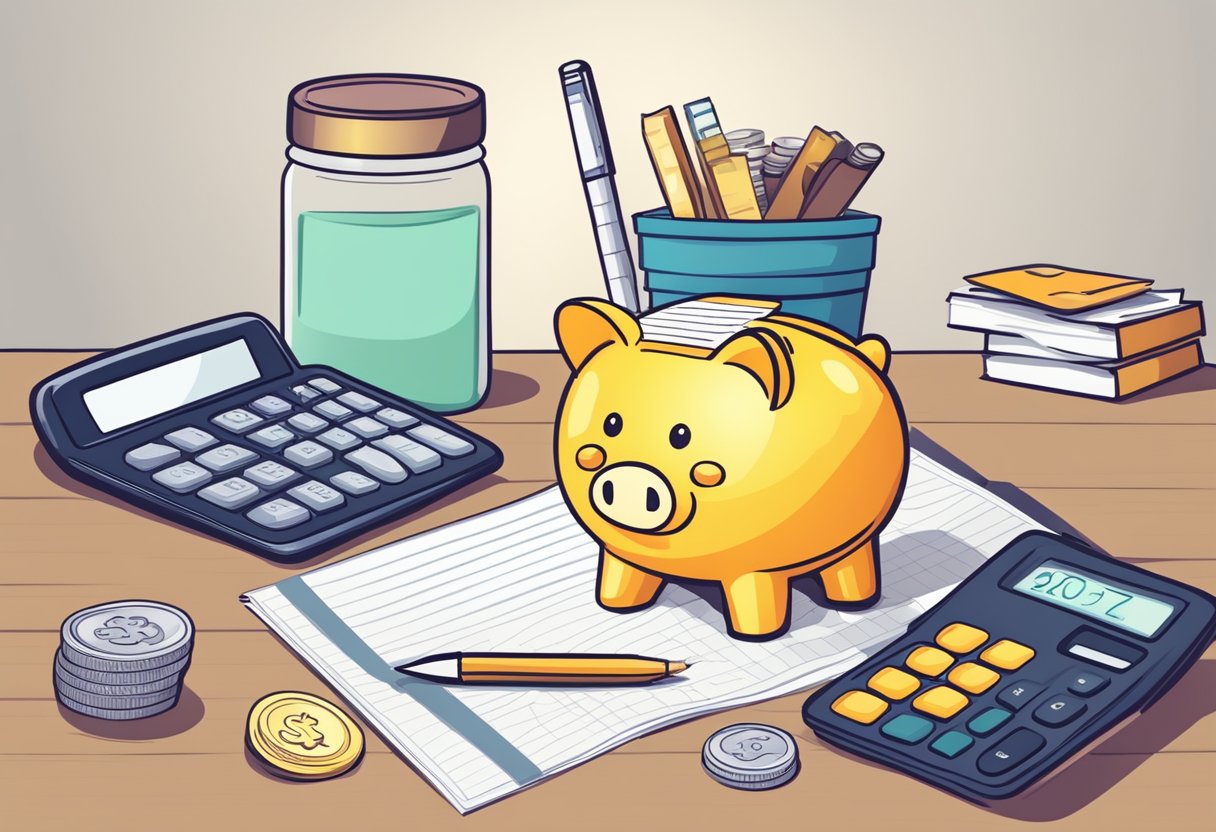 A table with a budget planner, calculator, and pen. A stack of bills and coins next to it. A piggy bank and a jar for savings