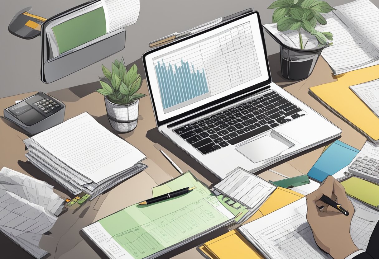 A desk with a laptop, calculator, and financial documents. A person writing notes and setting financial goals