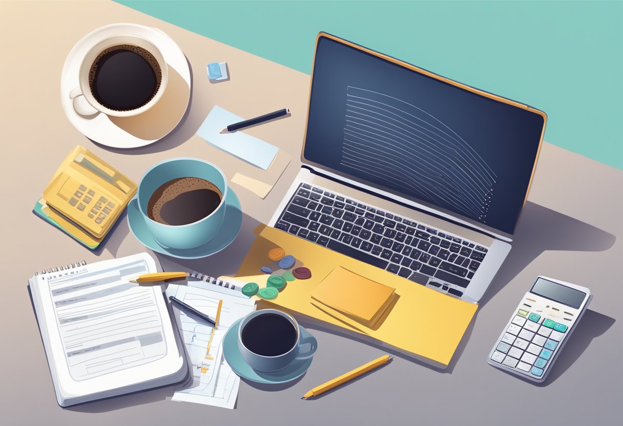 A desk with a laptop, financial documents, calculator, and a cup of coffee. A person writing notes and brainstorming financial strategies