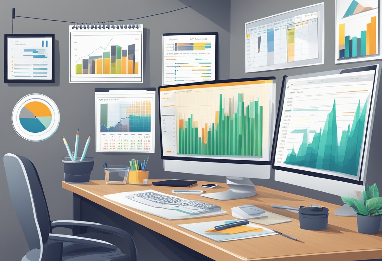 A desk with a computer monitor displaying financial charts and graphs, surrounded by notebooks and pens. A calendar with financial planning milestones hangs on the wall