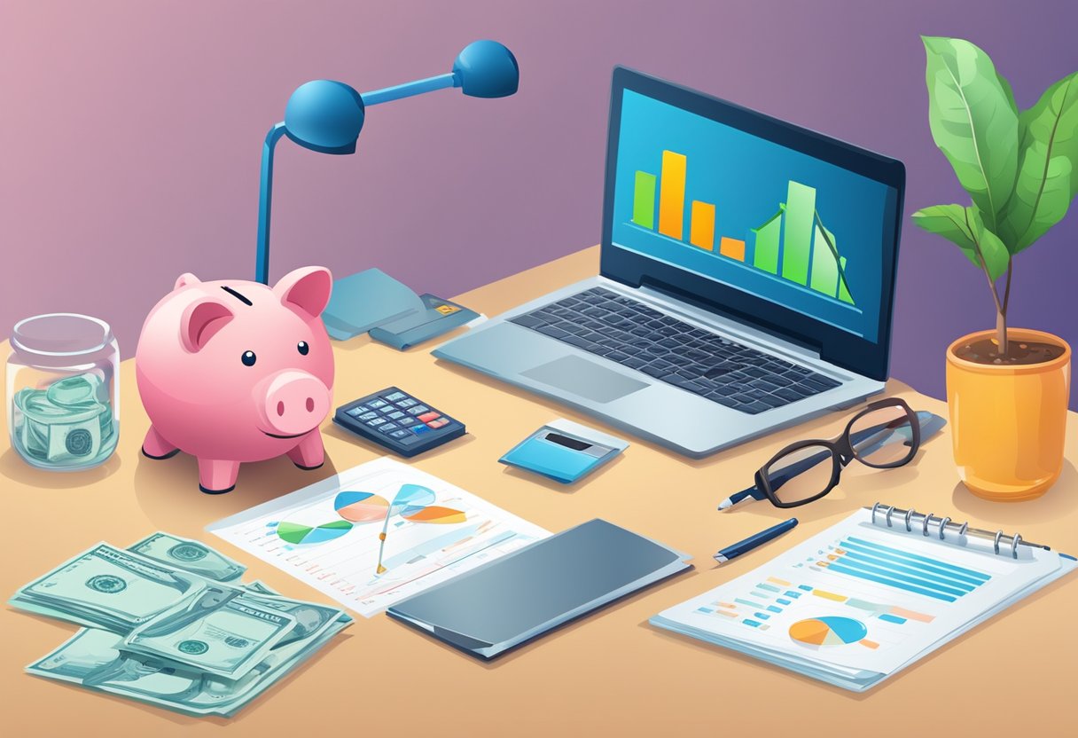 A desk with a laptop, calculator, and financial documents. A chart showing a financial plan with six steps. A piggy bank and money jar on the desk