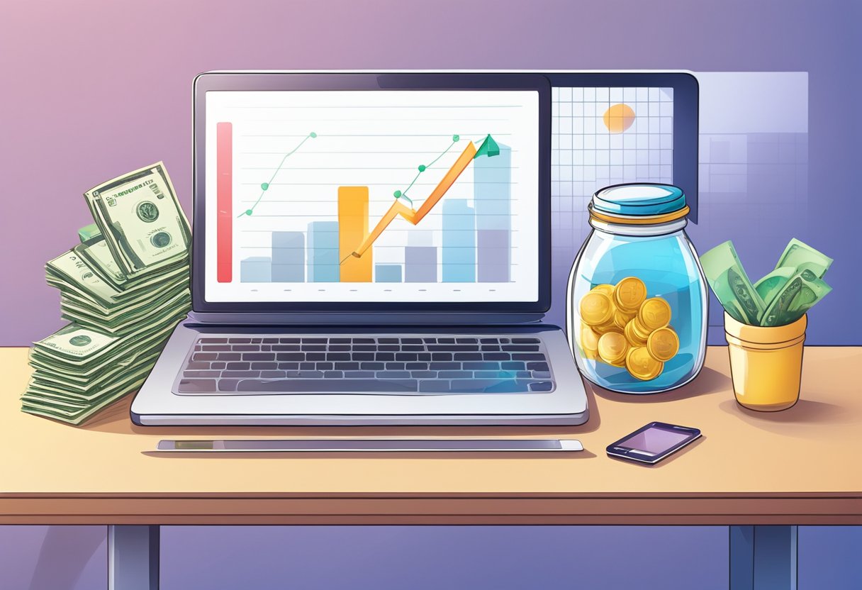 A desk with a laptop, calculator, and financial documents. A graph showing investment growth. A piggy bank and money jar on the table