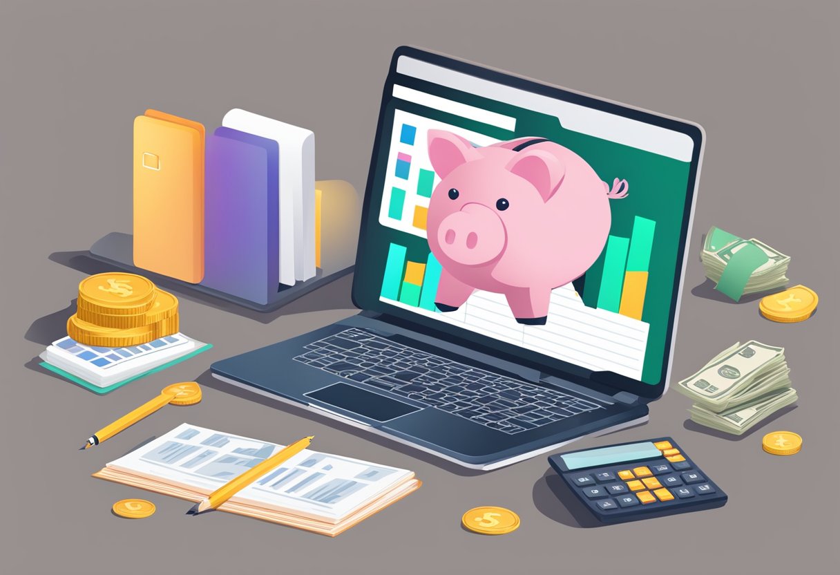 A desk with a laptop, calculator, and budgeting book. A piggy bank and coins on the side. A chart showing decreasing expenses