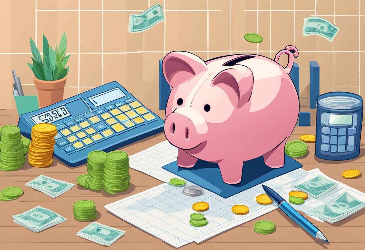 A piggy bank sits on a desk, surrounded by coins and bills. A graph shows savings increasing over time. A checklist with six money-saving strategies is pinned to the wall