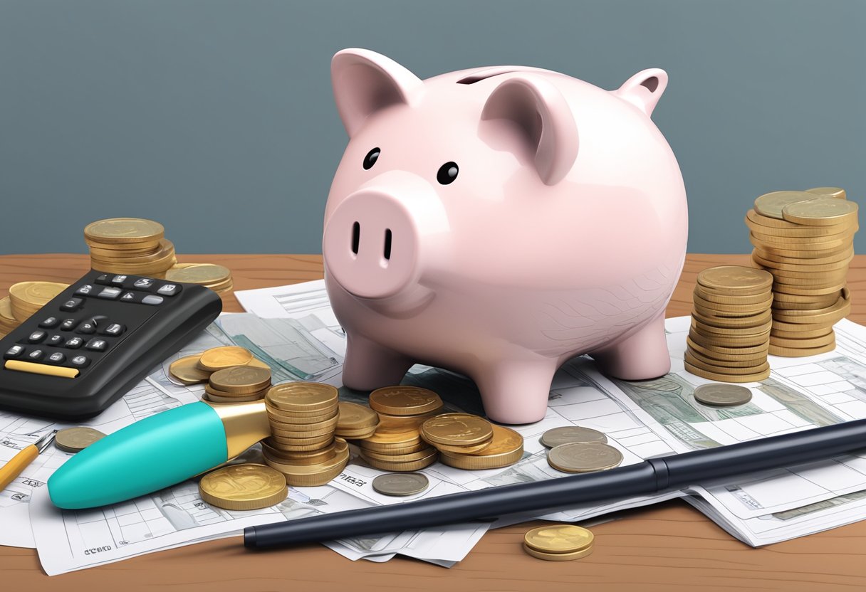 A piggy bank sits atop a pile of coins, surrounded by money-saving tools like a budget planner, piggy bank, and a magnifying glass