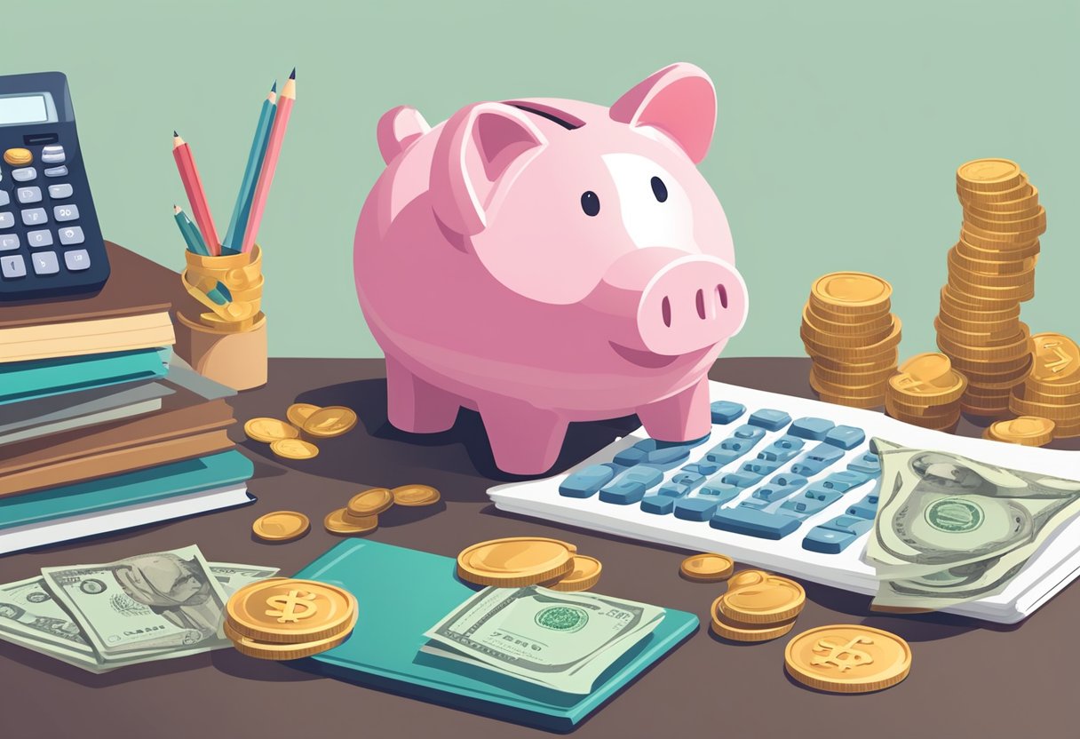 A piggy bank sits on a desk, surrounded by coins and bills. A calculator and budget planner lay nearby, symbolizing smart money management