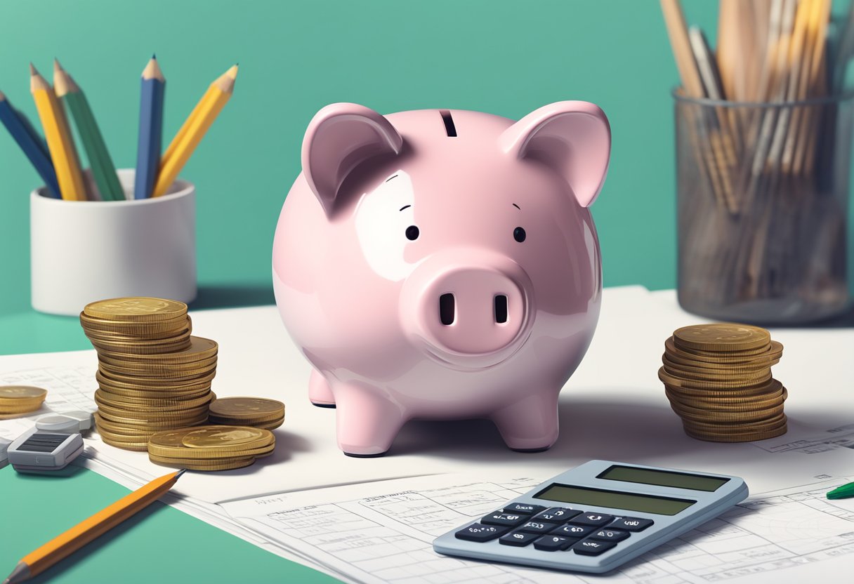 A piggy bank surrounded by coins and bills, with a calculator and budgeting notebook nearby