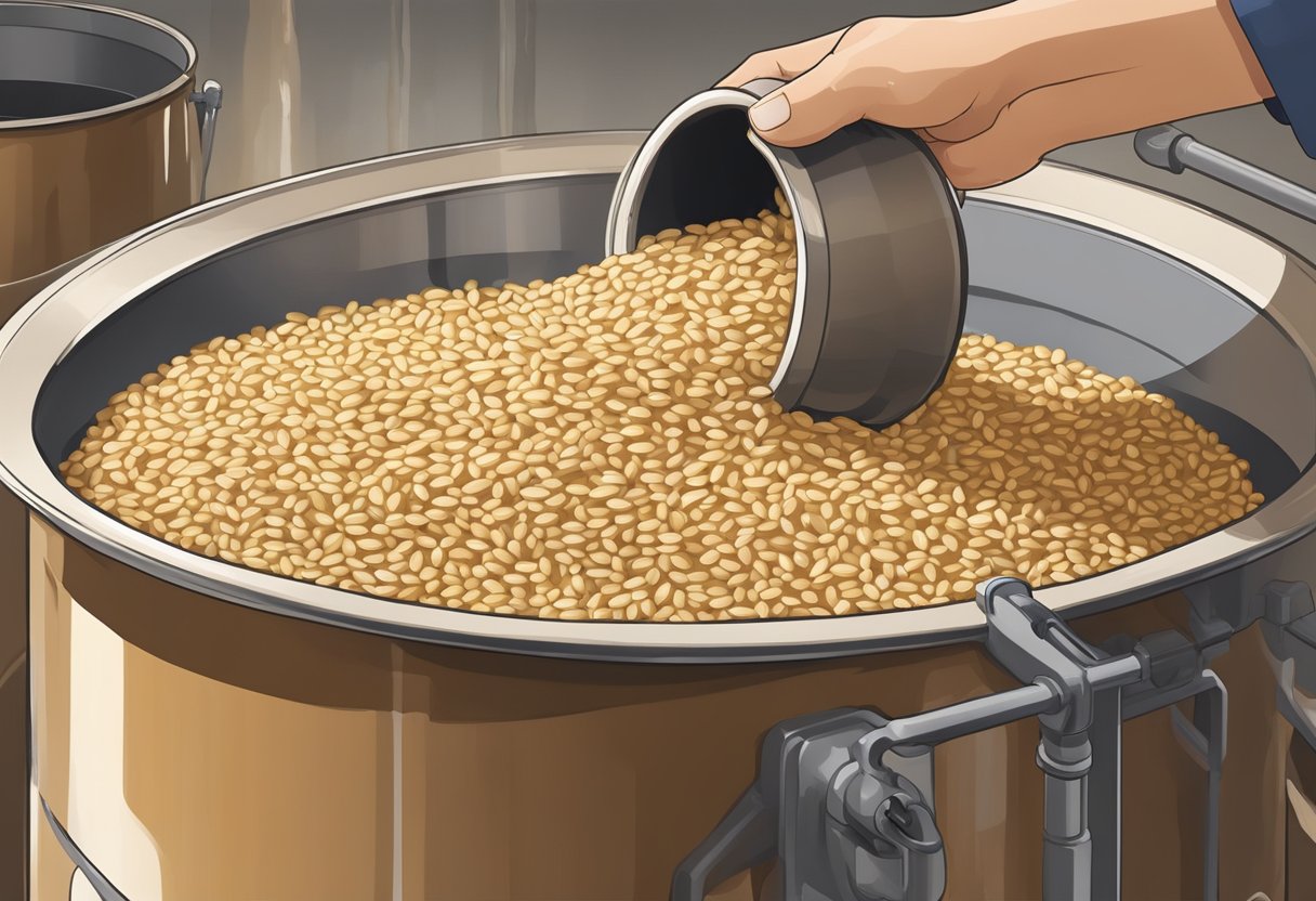 Malted barley is poured into a large pot of hot water. The mixture is stirred and left to steep before being transferred to a fermenting vessel