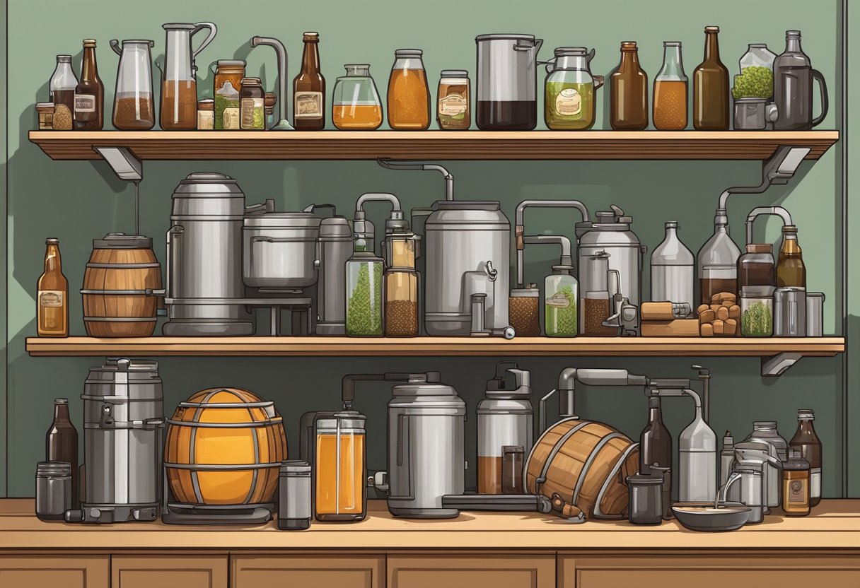 A hand reaches for a home beer brewing kit on a shelf, surrounded by various equipment and ingredients, including fermenters, bottles, hops, and malt