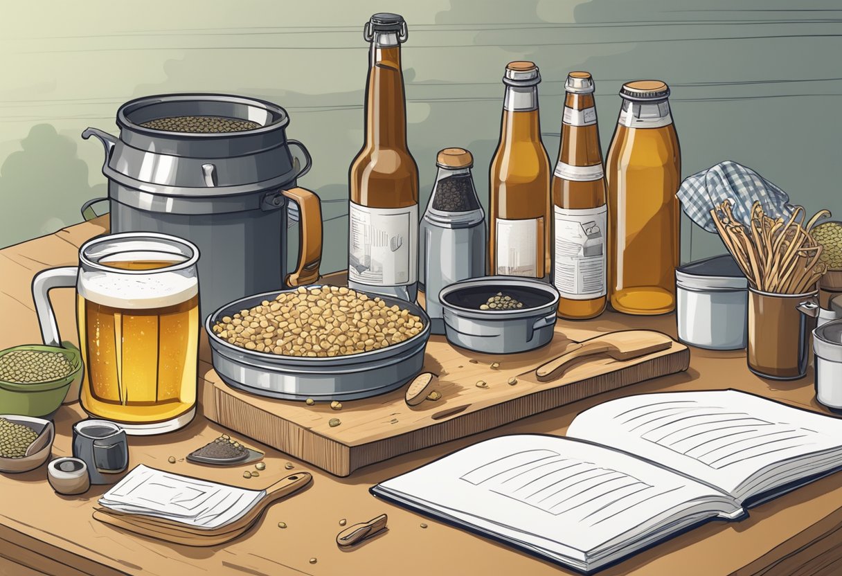 A cluttered workbench with various home beer brewing kits, ingredients, and tools scattered about, with a notebook filled with unique recipes open and ready for brewing