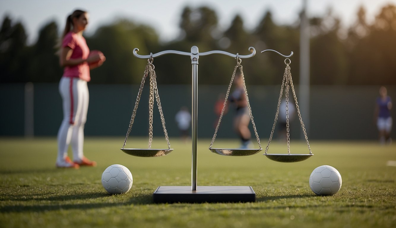 Women's sports receive less pay than men's sports. Two scales, one with higher earnings, the other lower, represent the pay disparity