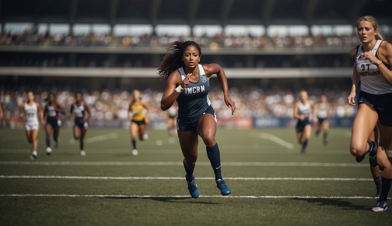 Women athletes compete on a field, while men athletes compete on a separate field. A large pay gap sign looms over the women's field